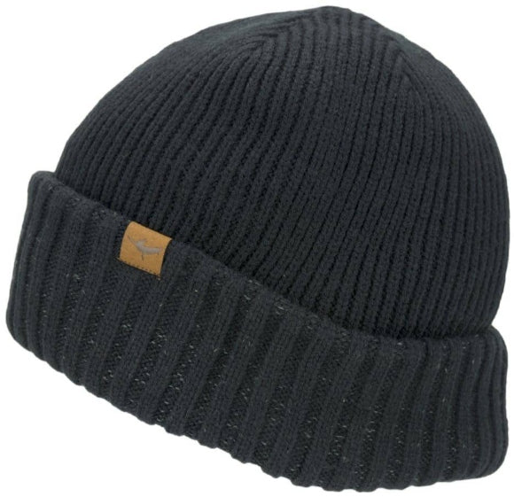 Waterproof Cold Weather Roll Cuff Beanie Hat - Black